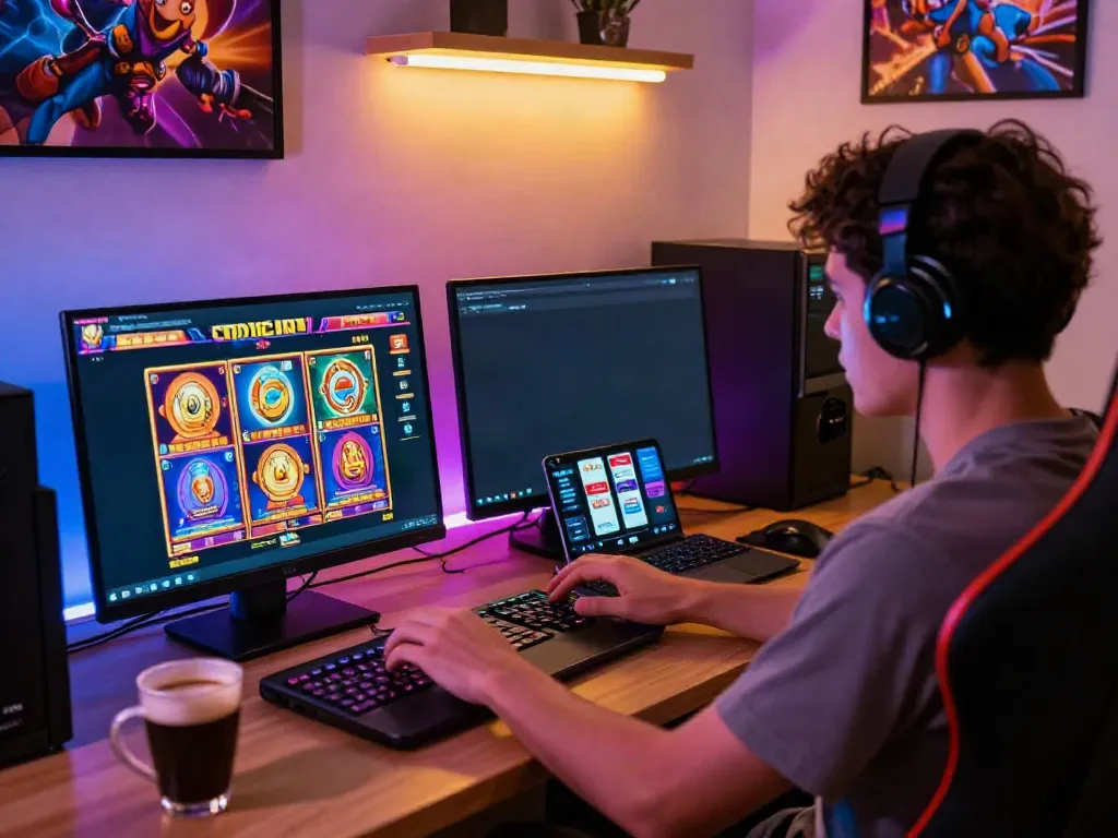 Situs slot777 gaming scene showcasing a player enjoying online slot games with vibrant graphics and modern gaming setup.