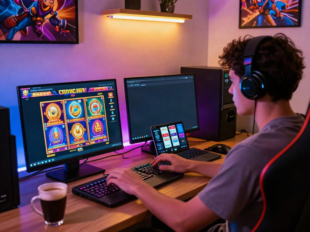Situs slot777 gaming scene showcasing a player enjoying online slot games with vibrant graphics and modern gaming setup.