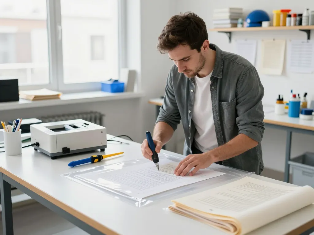 gỡ ép plastic hà nội với một kỹ thuật viên phục hồi tài liệu đã được dán laminate một cách an toàn trong một không gian xưởng sáng sủa