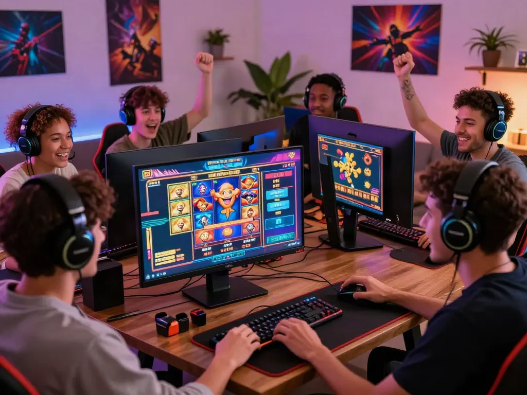 Thrilled players engaging with exciting slot games in a cozy gaming room.