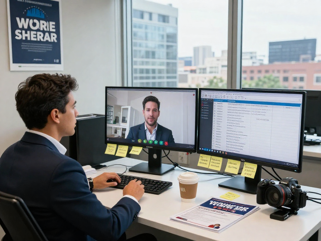 Political phone banking service in action with campaign manager analyzing voter data in a modern office setting