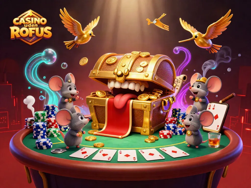 Engage with the vibrant casino uden ROFUS scene featuring a treasure chest, poker table, and dynamic elements.