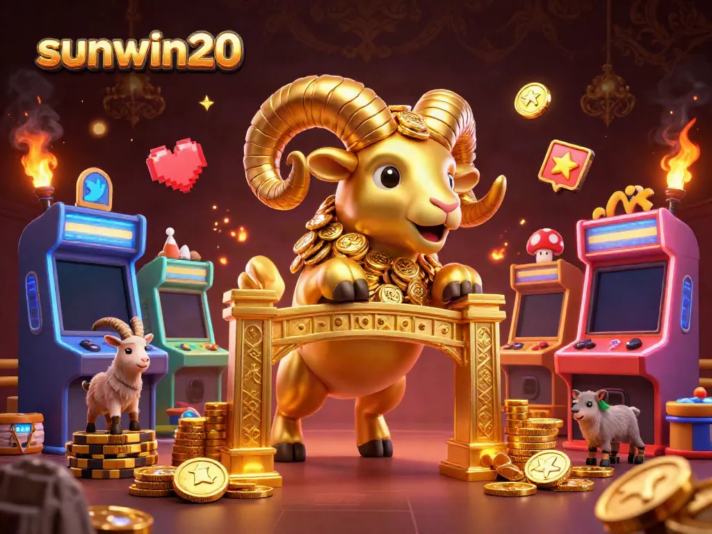 Experience the thrill of sunwin20 with a dynamic casino scene featuring a golden ram charging through a golden gate.
