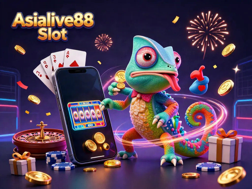 Experience thrilling wins at Asialive88 Slot, featuring an energetic chameleon casino owner among vibrant gaming elements.