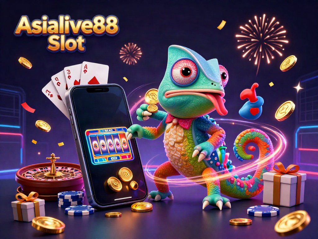 Experience thrilling wins at Asialive88 Slot, featuring an energetic chameleon casino owner among vibrant gaming elements.