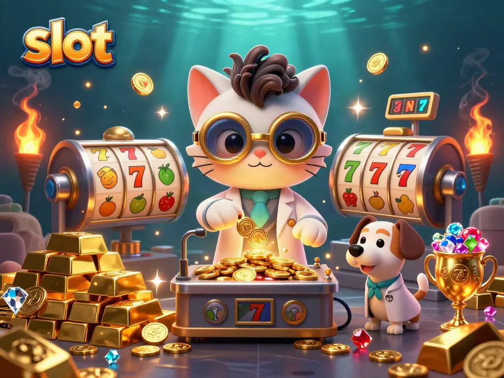 Spin the slot reels as the mad scientist cat showcases his gold-coin machine in a vibrant casino