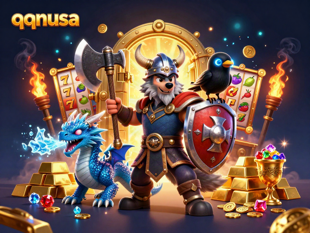 Engage with qqnusa's vibrant slot adventure featuring a heroic Viking wolf, fierce dragon, and dazzling treasure.