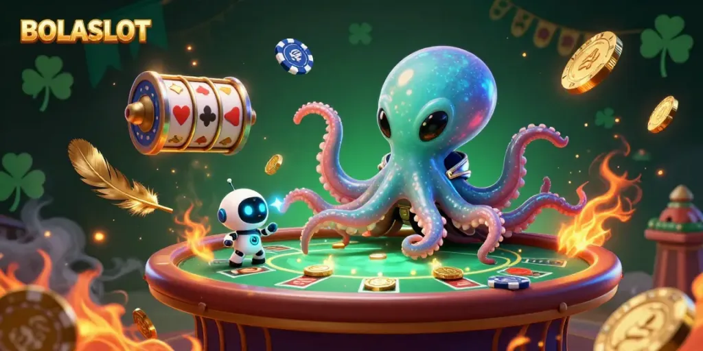 BOLASLOT alien octopus operating a holographic poker table in a vibrant gambling universe.