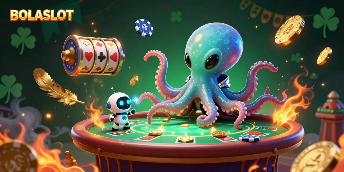 BOLASLOT alien octopus operating a holographic poker table in a vibrant gambling universe.