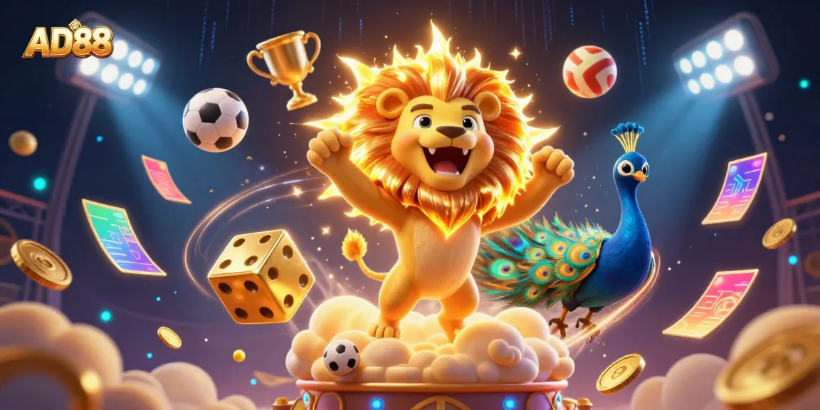 Engage in thrilling wins at AD88 with a captivating 3D casino digital illustration showcasing lively gaming elements.