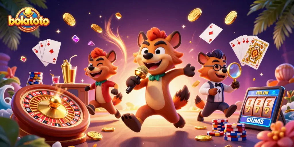 Experience bolatoto's vibrant comedy casino with lively hyenas, sparkling gems, and thrilling games.