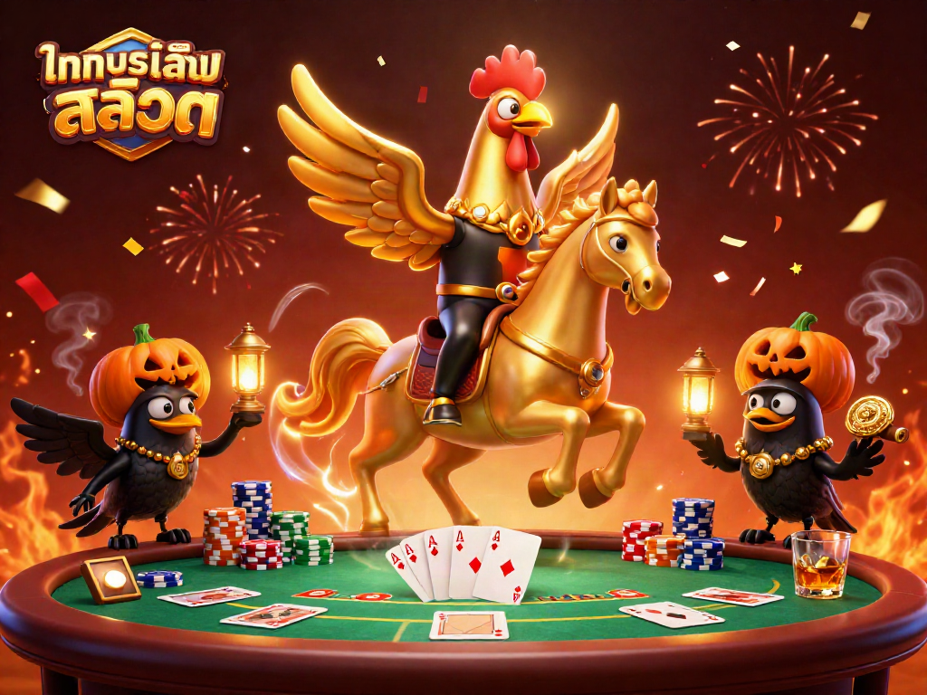 Play ทดลองเล่นสล็อต showcasing a golden rooster and friends in a vibrant casino scene.