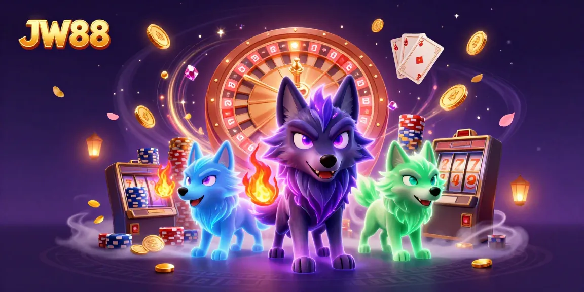 Spin and win at JW88 with a captivating 3D illustration of ghostly wolves amidst vibrant casino elements.