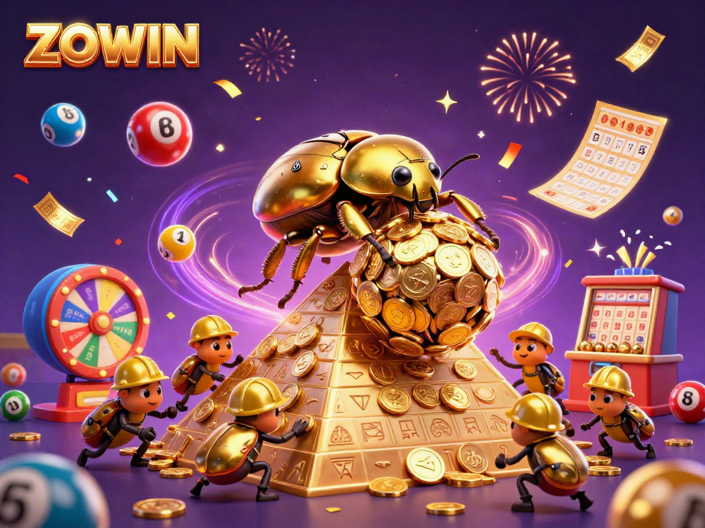 Experience ZOWIN's vibrant gaming world with golden beetles and dynamic casino elements.