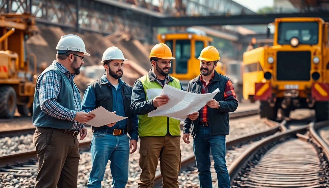 Railroad Contractors Near Me evaluating infrastructure at a construction site, showcasing teamwork and industry.
