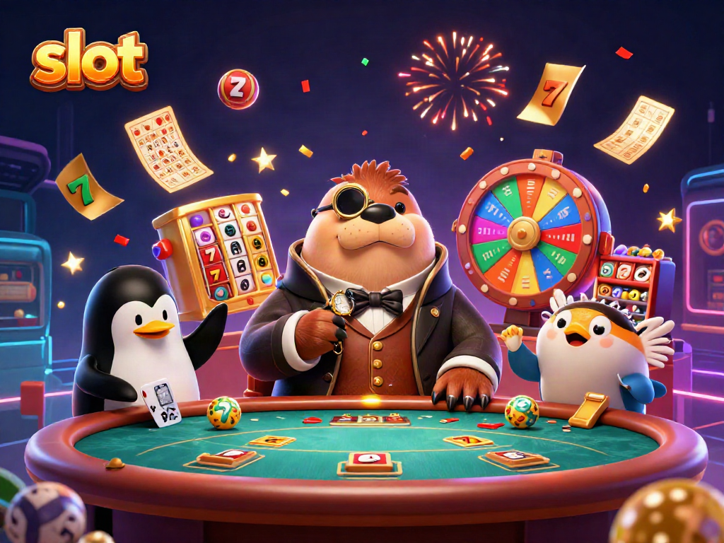 Permainan slot berwarna-warni dengan karakter walrus, penguin, dan ikan buntal di meja poker yang meriah.