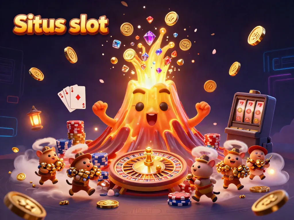 Situs slot illustration depicting an erupting golden volcano showering coins and gems, with explorer animals collecting treasure.