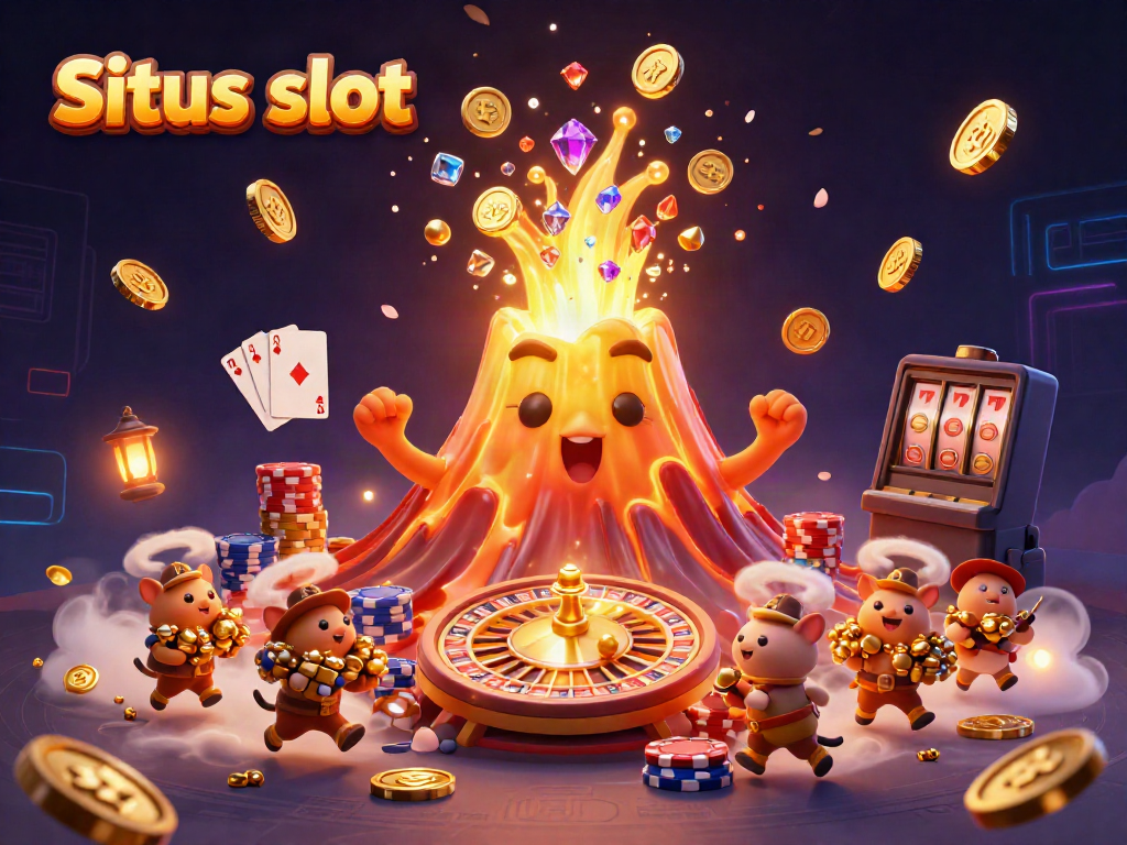 Situs slot illustration depicting an erupting golden volcano showering coins and gems, with explorer animals collecting treasure.