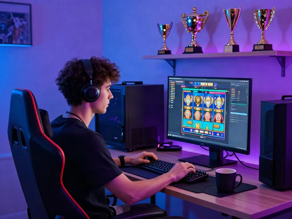 Engaged gamer enjoying bro138's interactive online slots in a modern gaming setup.