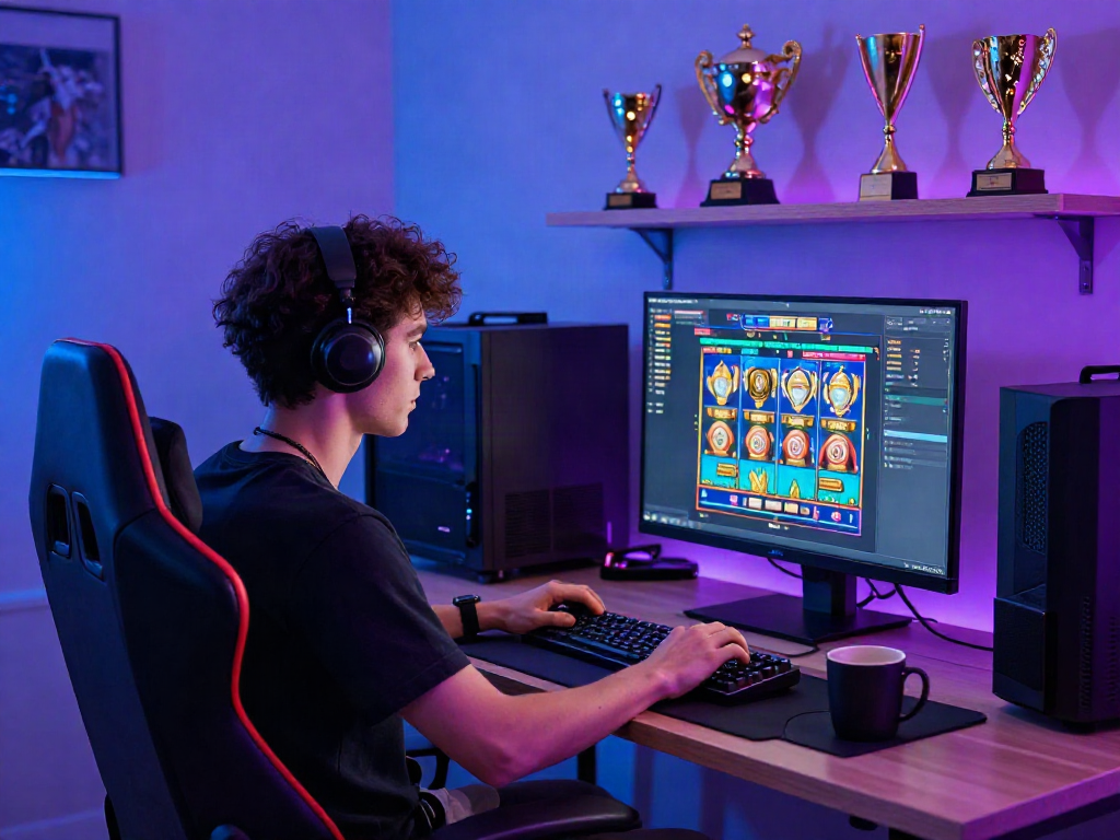Engaged gamer enjoying bro138's interactive online slots in a modern gaming setup.