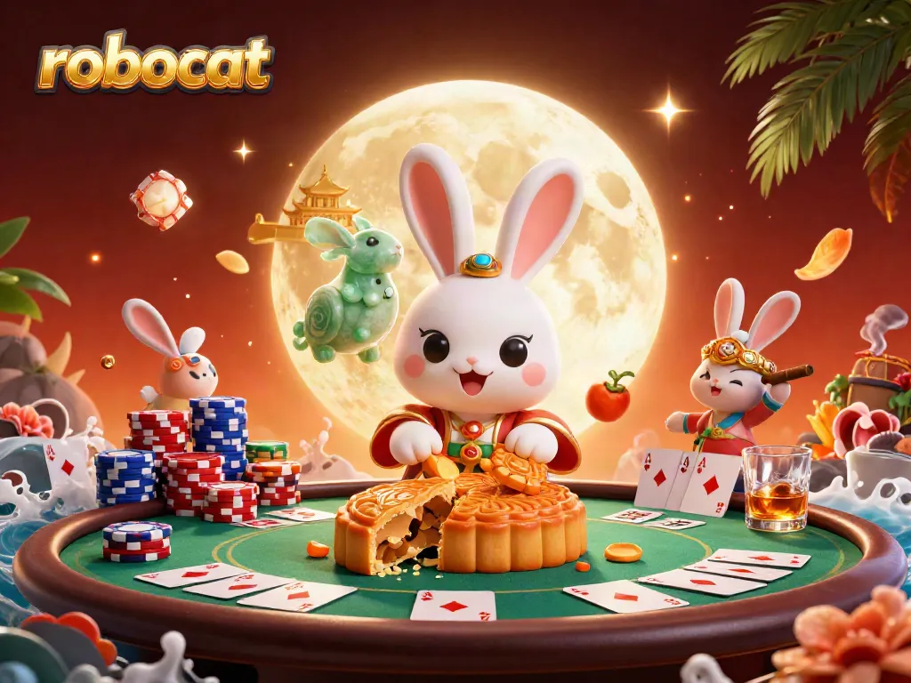 A lively robocat illustration with a moon rabbit revealing poker chips, set against a vibrant casino backdrop.
