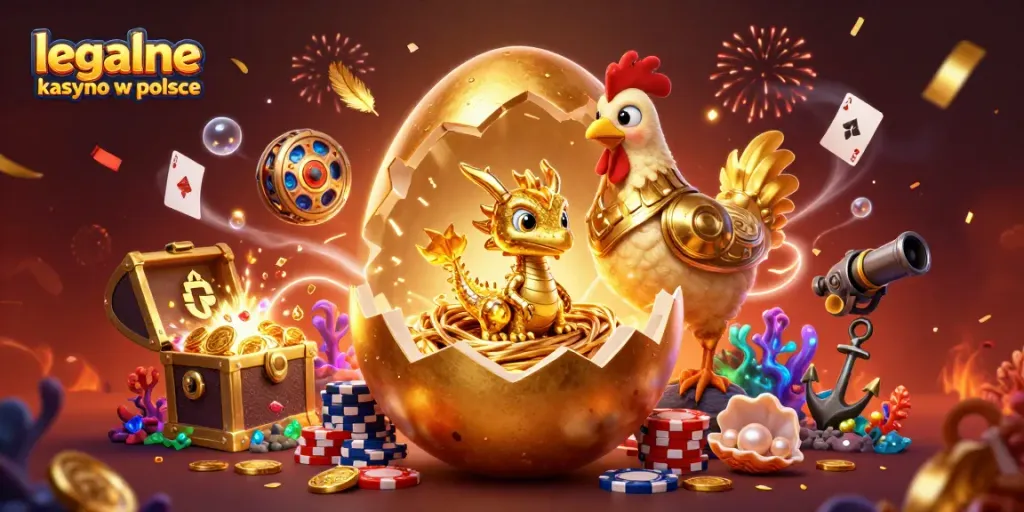 Engage with legalne kasyno w polsce through vibrant 3D casino-themed illustration featuring gold treasures and playful characters.
