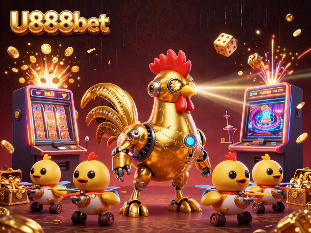 Experience thrilling gaming moments with U888bet's vivid 3D casino scene featuring vibrant slot machines and dynamic characters.