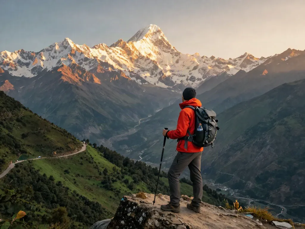 Manaslu Circuit Trek traveler enjoying sunset at mountain viewpoint, capturing the adventure.