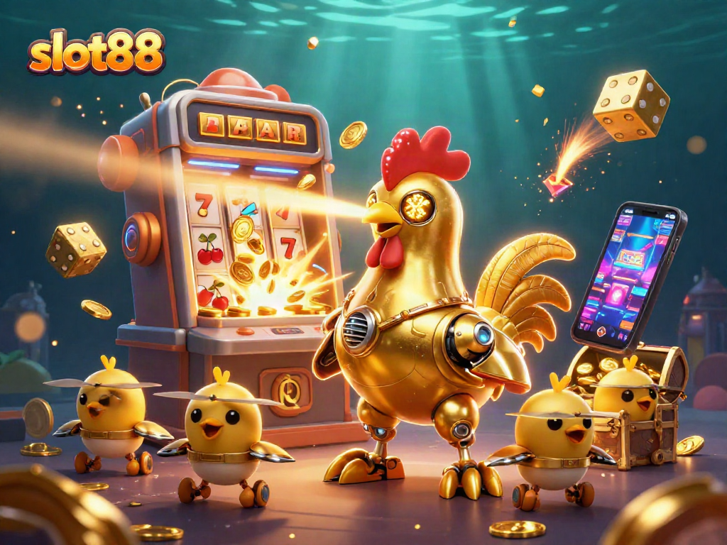 Engage in thrilling gaming with slot88 as a golden rooster robot and baby chick drones navigate a jackpot explosion.