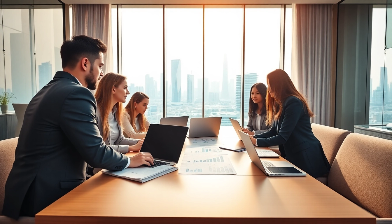 Business Consultants in Dubai collaborating in a bright, modern office environment with a view of the skyline.