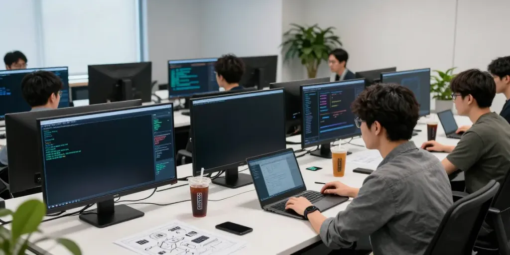 singatoto gaming software infrastructure with engineers collaborating in a tech control room
