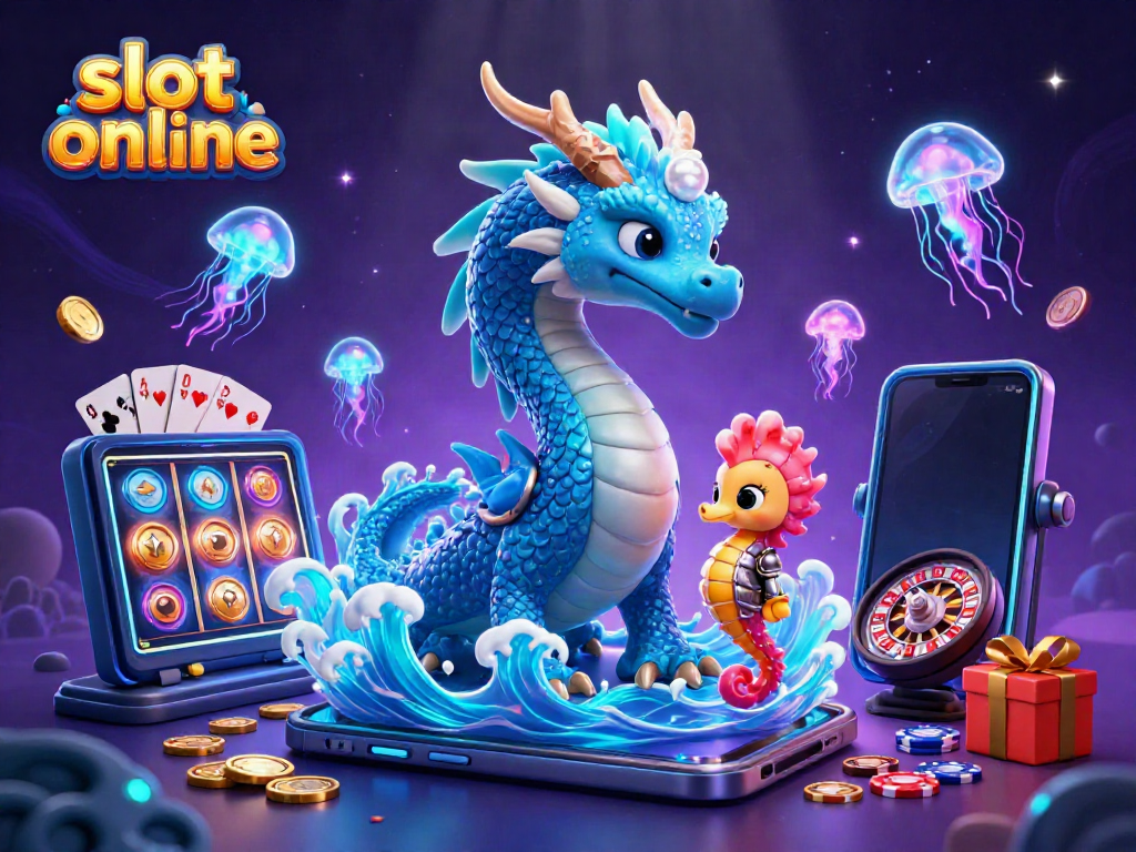 Permainan slot online yang menampilkan naga air 3D dan ksatria kuda laut di tengah kerumunan permata dan simbol jackpot.