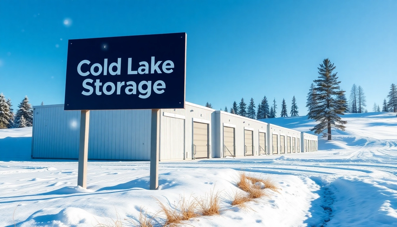 Secure cold lake storage facility nestled in a serene winter landscape with snow falling gently.