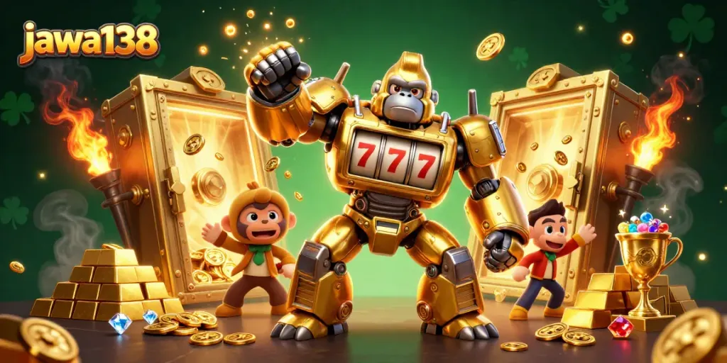 Experience the excitement of jawa138 with a dynamic 3D scene showcasing a golden gorilla mech and thrilling casino elements.