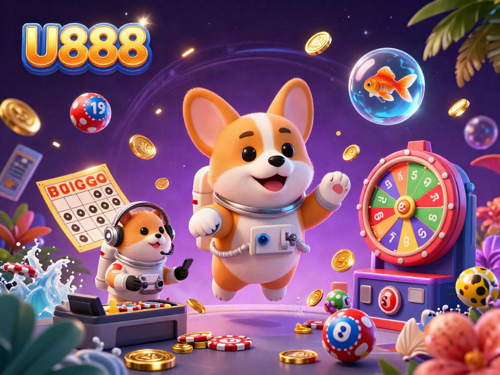 Engage in thrilling action with U888 in a vibrant space casino, featuring a 3D cartoon astronaut corgi.