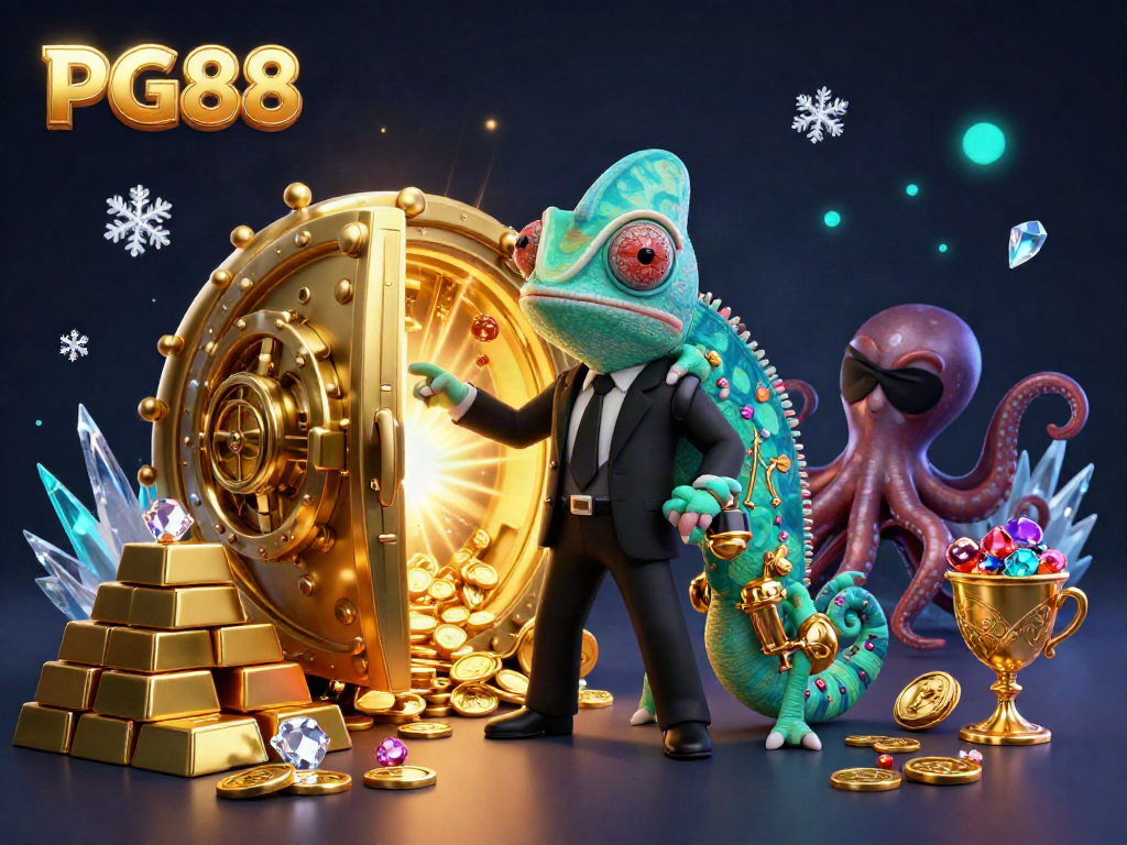 Engage in thrilling gameplay at PG88 surrounded by treasures and lively characters of an online casino.