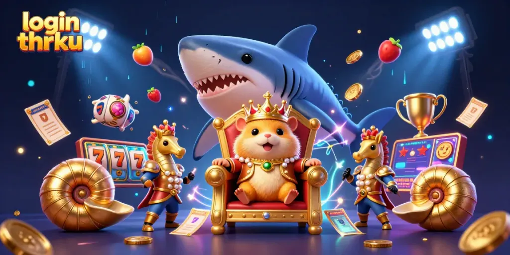 Win big with login thrku in this colorful 3D gaming scene featuring a hamster king.