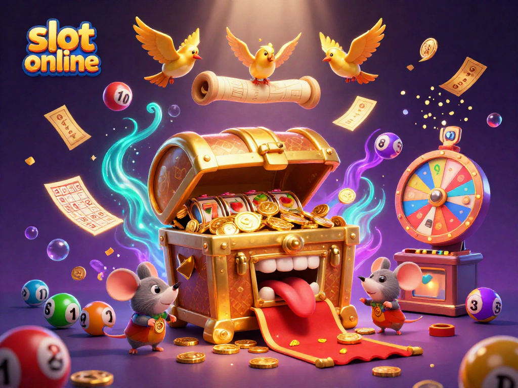 Engage with the vibrant slot online universe featuring a treasure chest and dynamic casino elements.