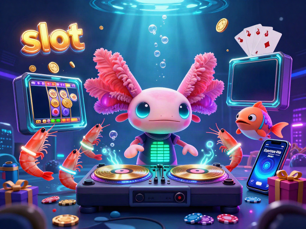 Entertain yourself with vibrant slot action featuring a DJ axolotl spinning reels amidst glowing shrimp and exciting casino elements.
