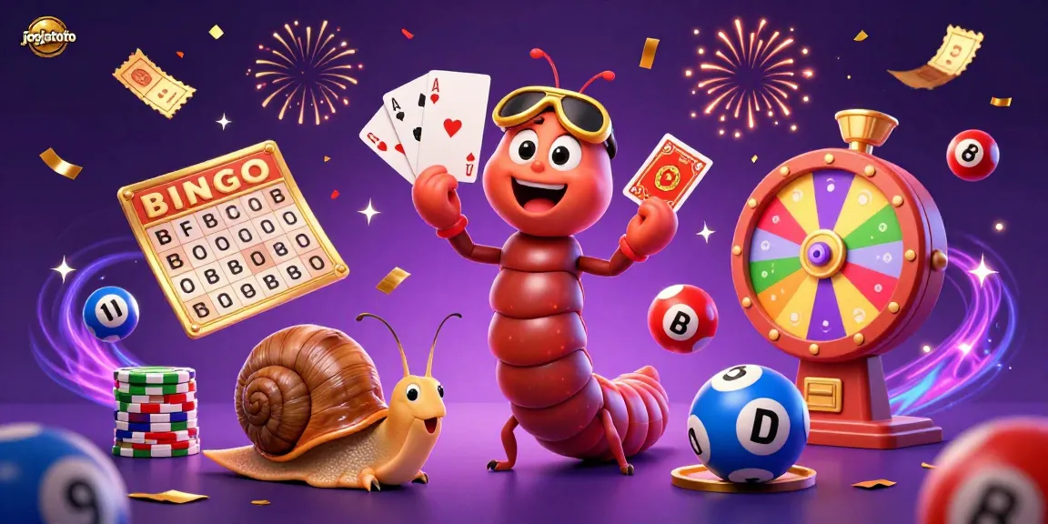 Engage with jogjatoto's exciting lottery scene featuring a cheerful millipede dealer, colorful balls, and confetti.