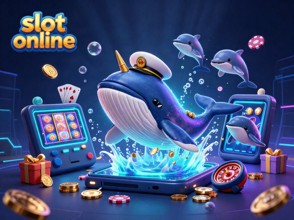 Menangkan slot online dengan elemen menarik seperti paus, unicorn laut, dan dadu berwarna emas di lautan koin.