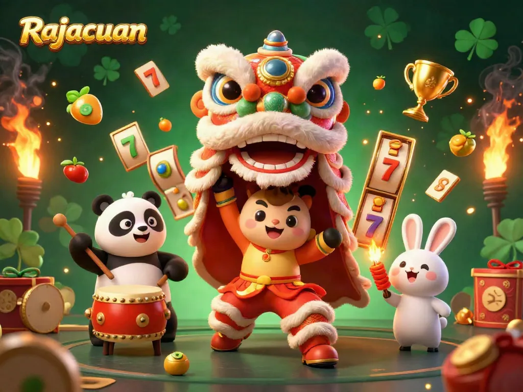 Spin winning slots at Rajacuan featuring festive lion dance with golden elements and vibrant 3D characters.