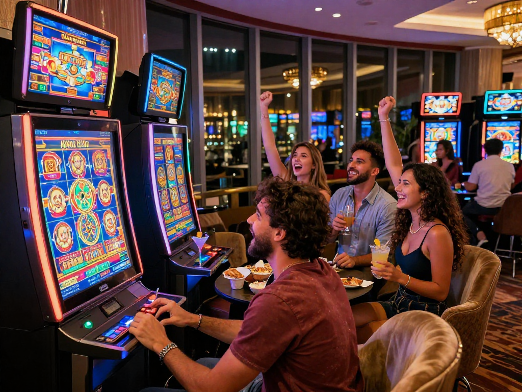 Group celebrating a big slot jackpot win in a lively casino environment.