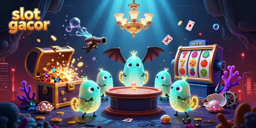 Gambaran slot gacor dengan karakter kunang-kunang cerah dan dealer kelelawar di kasino bawah air.