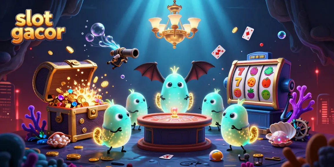 Gambaran slot gacor dengan karakter kunang-kunang cerah dan dealer kelelawar di kasino bawah air.