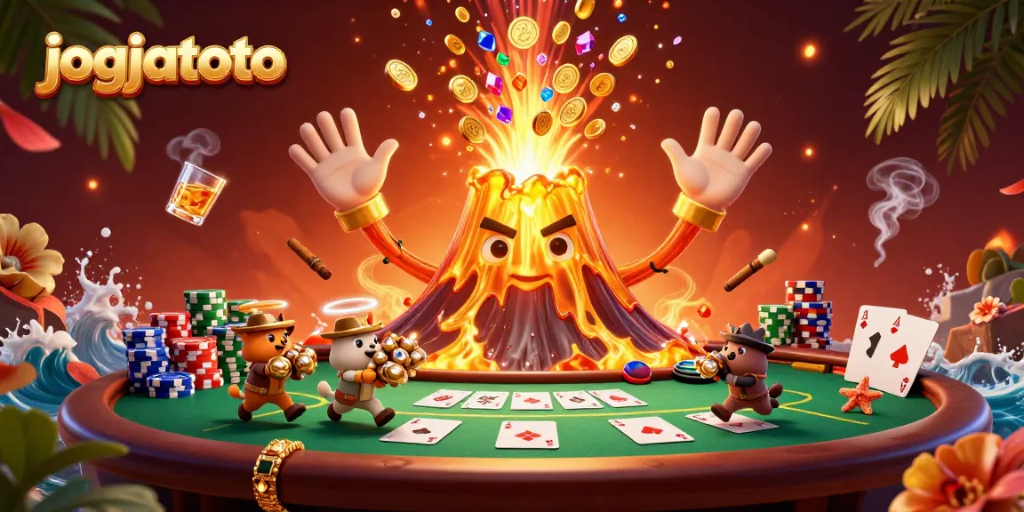 Experience the thrill at jogjatoto with a golden volcano erupting coins and treasures amidst dynamic poker action.