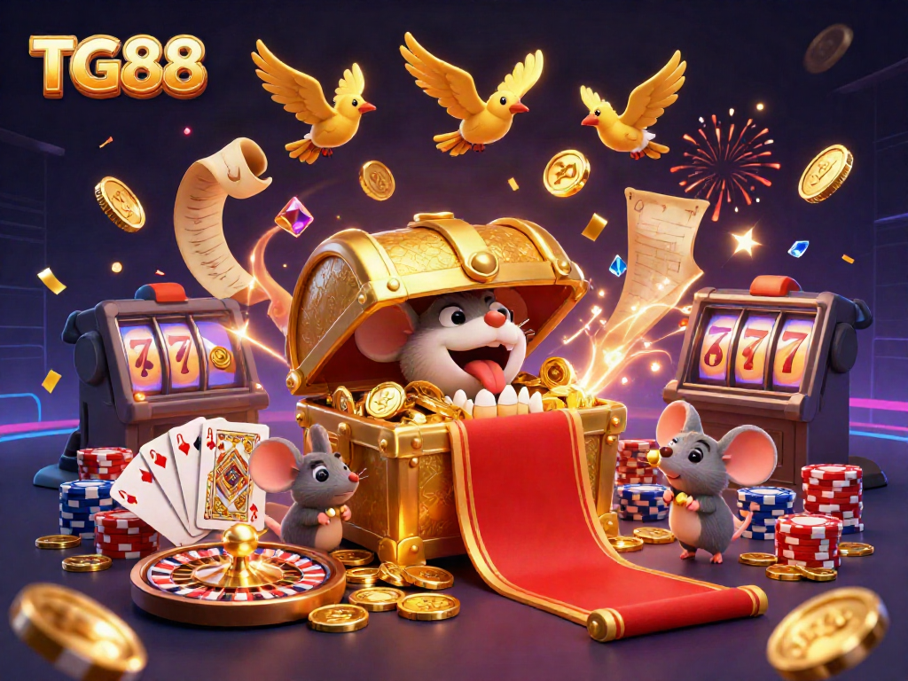 Gamblers chase excitement at TG88 as cartoon characters attract riches from a treasure chest.