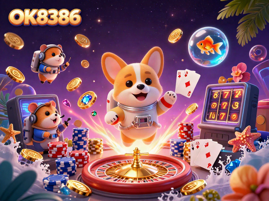 Experience the excitement of OK8386 online casino with a whimsical space-themed casino illustration featuring floating characters and dynamic game elements.