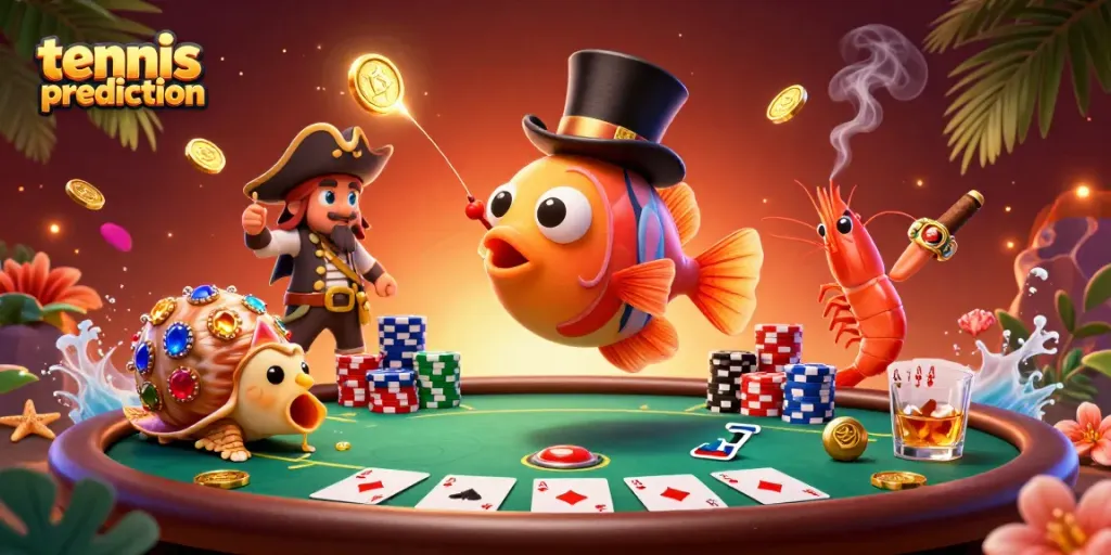 Tennis prediction visualized by an anglerfish attracting coins amidst vibrant gambling elements.