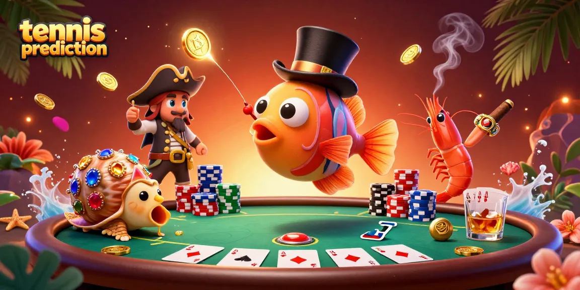 Tennis prediction visualized by an anglerfish attracting coins amidst vibrant gambling elements.